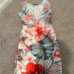 Floral Sleeveless Mini Dress with Red and Blue Accents